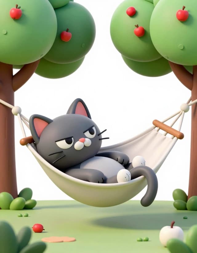 A masterpiece. Create an image. Three-dimensional image: ((Gray cat with sly, sly eyes):1.6 dozing in a hammock under the apple trees in the garden):1.6, clear edges, clear textures, volumetric composition, 3D depth, studio lighting, author's style, 8k resolution. Cartoon style. High detail and clear texture. High quality. Increased attention to small details. The aspect ratio is 3:4.