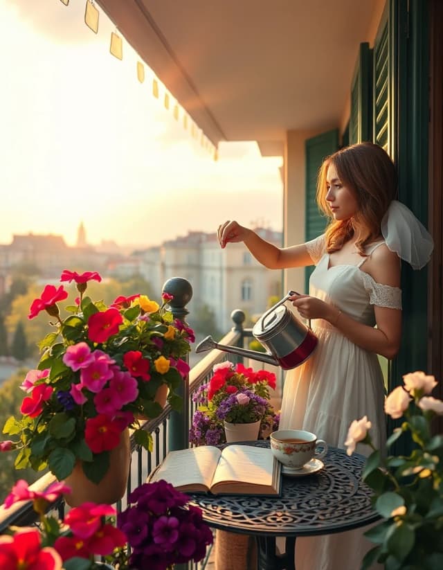 A charming old-fashioned balcony completely flooded with warm morning sunlight. A young woman in a light summer dress waters the flowers with a beautiful vintage metal watering can. The balcony is filled with blooming petunias, geraniums, violets and tiny roses in ceramic pots. Water droplets sparkle on the leaves, while golden sunbeams illuminate the air. Beyond the balcony railing is a peaceful summer city. A small table holds a cup of tea and an open book. Atmosphere of tranquility, home comfort and the simple joy of a summer morning. Photorealistic, soft cinematic lighting, incredibly detailed, vertical composition, greeting-card format.