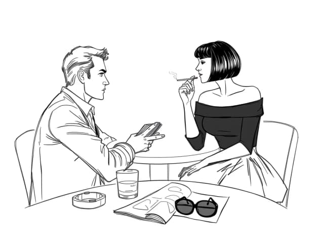 A gray background, a sketchy outline with thin, transparent lines, a very handsome 30-year-old Slavic man sitting at a table in profile at the bar, with a newspaper, a glass of whiskey, and an ashtray with a cigarette on the table. Across from him sits a very beautiful young woman, resembling 23-year-old Megan Fox, with dark hair cut into a bob with bangs, wearing a very fashionable short, full skirt and a black, off-the-shoulder, three-quarter-length sleeve top. She's smoking a thin cigarette. On the table in front of her lies a fashion magazine, topped with a pair of stylish sunglasses. The man and woman look at each other. Vicente Romero Redondo, Lee Bogle, Konstantin Razumov, Harrison Fisher.