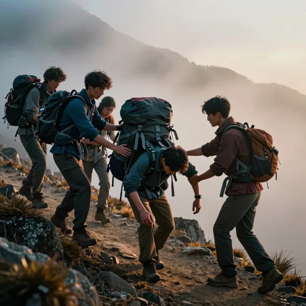 Cinematic photorealistic wide shot of a steep mountain trail in soft morning mist. A solitary hiker is bent under an enormous, heavy backpack, struggling to move forward. Around them, three friends are helping: one is lifting part of the weight from the backpack, another is gently holding the hiker's elbow for balance, and a third is simply walking beside them, offering quiet presence. The backpack symbolizes life's burdens; the hands and presence of friends symbolize emotional and practical support. The atmosphere is intimate, hopeful, and emotional. Photorealistic, warm amber and cool blue tones, dramatic chiaroscuro, emotional, 8k, shallow depth of field, 4:5 aspect ratio.