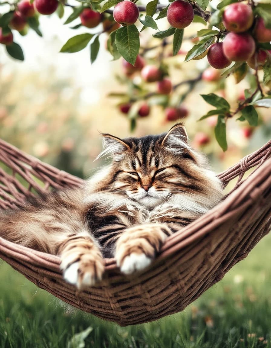 A masterpiece. Create an image. Watercolor painting style: ((Beautiful fluffy Siberian striped cat):1.6 dozing in a hammock under the apple trees in the garden):1.6, clear edges, clear textures, volumetric composition, studio lighting, author's style, 8k resolution. High detail and clear texture. Intense close-up. High quality. Increased attention to small details. The aspect ratio is 3:4.