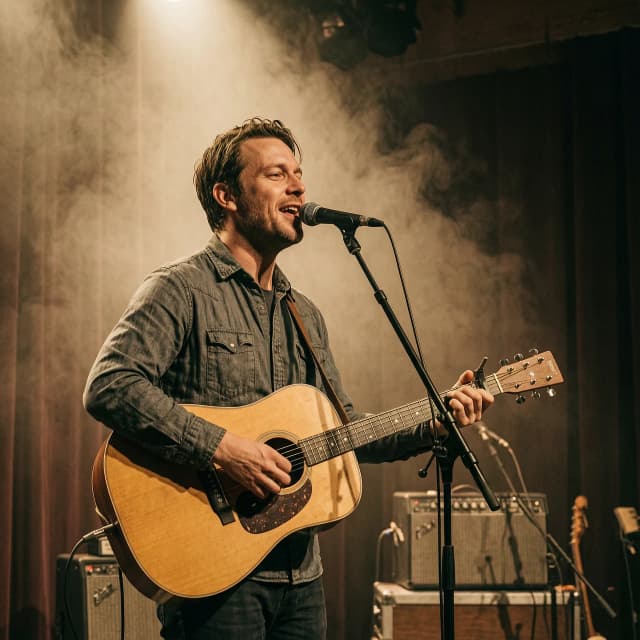 A man around 30 years old stands on stage with an acoustic guitar and sings bard songs. An atmospheric concert stage in semi-darkness is needed, with a soft warm spotlight that highlights the singer and guitar. He looks inspired and natural, like a singer-songwriter at a live performance. The frame should include a microphone, stage, light smoke, and a feeling of an intimate soulful concert. The composition is a medium shot, slightly from below, to emphasize the stage presence. The style is realistic, cinematic, with an emphasis on emotions, musicality, and a cozy bard atmosphere. Aspect ratio 9:16