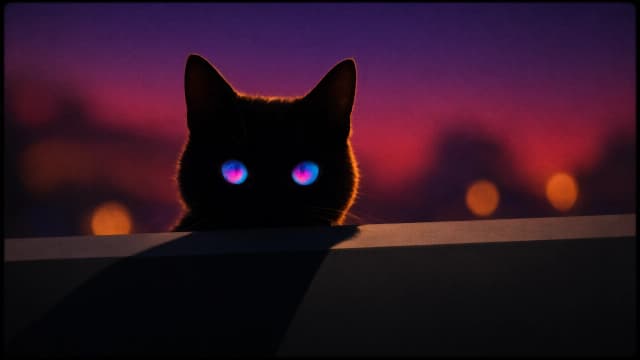 Analog image, film grain, saturated colour, high contrast long shadows, artistic framing, almost cinematic feel. A minimalist digital illustration of a charming animal scene peeking over a solid ledge: a black cat's silhouette as a dark soft-edged shadow with alert pointed ears framing the centre-left, its large round eyes glowing with a vibrant gradient.