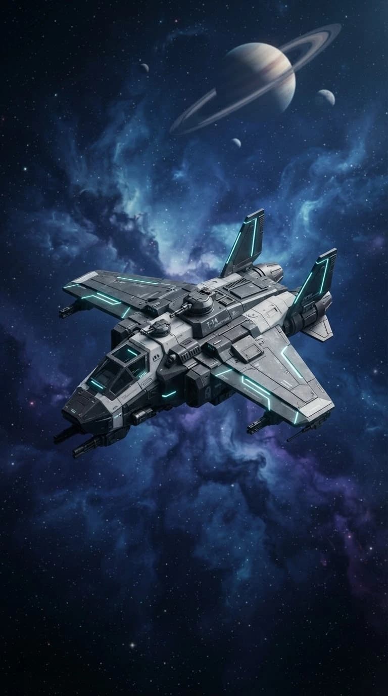 Isometric ¾ view of a compact, highly detailed sci-fi tactical gunship with segmented vertical stabilizers. Sharp angular geometry, matte dark grey and white armor plating. Minimal, discrete cyan geometric glow strips located only on panel edges of the wings and hull. No engine exhaust, no ion plumes or thruster trails. Set against an atmospheric deep space backdrop: rich dark blue nebula, soft volumetric light, distant planets with rings, and scattered stars. The ship appears small in the frame, floating elegantly in a vast cosmic environment. Cinematic, high contrast, photorealistic textures, 8k.