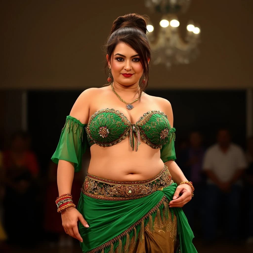 front view chubby belly dancer fifty years woman in green costume brown short ponytail hair stand in hall