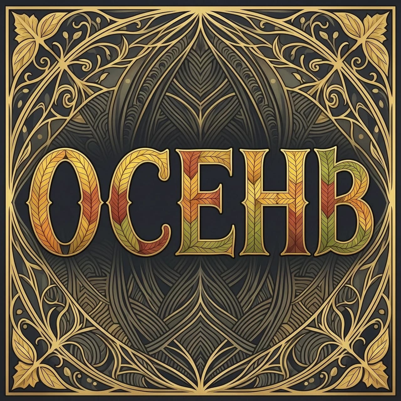 Digital image with double exposure and overlay of layers and textures. Vector graphics. The word "OCEHb" is made of gold, crimson and green skeletonized textured autumn leaves in various shades of yellow, orange, green and red. An unusual font made of autumn leaves. A very detailed and impressive font. Font and background contrast, fading, gradient. Background: a lot of dark with light ornaments. Delicate elements of the floral pattern. Gothic, decorative style, Art Nouveau. Abstract vector fractal pattern, Zentangle, Gothic, dark art. In the style of Alphonse Mucha, Gustav Klimt, Aubrey Beardsley and Roman Tirtov. High level of detail.
