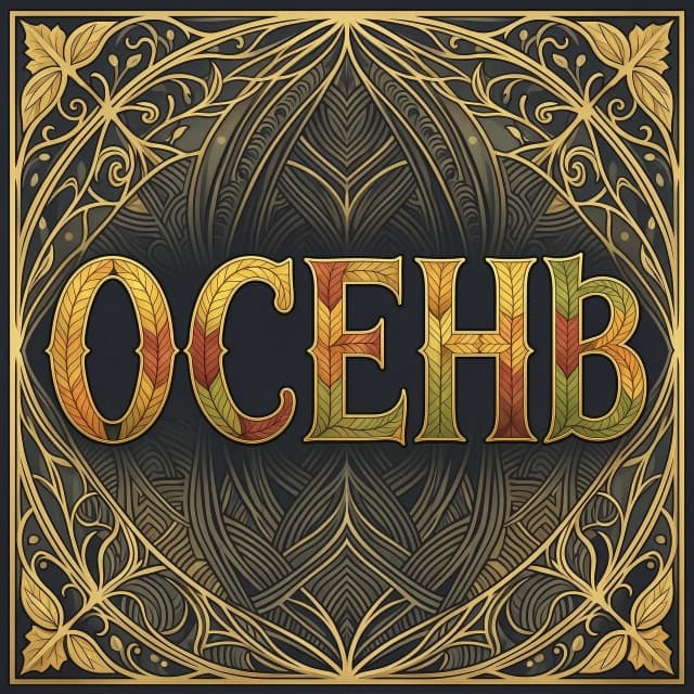 Digital image with double exposure and overlay of layers and textures. Vector graphics. The word "OCEHb" is made of gold, crimson and green skeletonized textured autumn leaves in various shades of yellow, orange, green and red. An unusual font made of autumn leaves. A very detailed and impressive font. Font and background contrast, fading, gradient. Background: a lot of dark with light ornaments. Delicate elements of the floral pattern. Gothic, decorative style, Art Nouveau. Abstract vector fractal pattern, Zentangle, Gothic, dark art. In the style of Alphonse Mucha, Gustav Klimt, Aubrey Beardsley and Roman Tirtov. High level of detail.