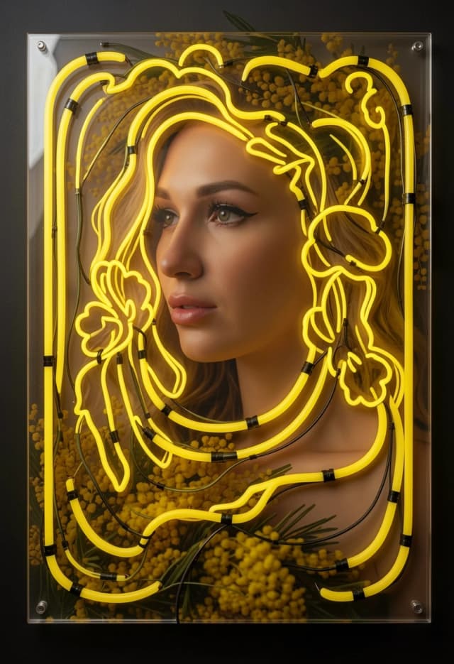 Step 1: Analyze the main subject photo and protect the realistic face and skin textures under a clear layer. Step 2: Overlay a thick sheet of transparent acrylic plexiglass directly over the printed photo. Step 3: Inside the acrylic, carve realistic, wide 8mm routing tracks using only long, smooth, simplified continuous paths with large bend radiuses. Strictly forbid tight angles, sharp corners, or tiny neon dots that are physically impossible to bend by hand. Step 4: Install real commercial flexible LED neon flex cords tightly into the carved tracks. The neon lines must look like thick physical silicone tubes with realistic rounded edges and black end-caps where cuts are made. Use vibrant solid yellow neon for key flower contours and limited neon accent lines for the outer hair shape. Show tiny subtle dark connecting wires between separate neon segments for an authentic handmade look. Realistic 3D volumetric bloom and soft light reflections casting onto the printed photo beneath. Premium commercial product photography of a finished neon sign, visible physical materials, dark gallery studio setting, 8k, no text.