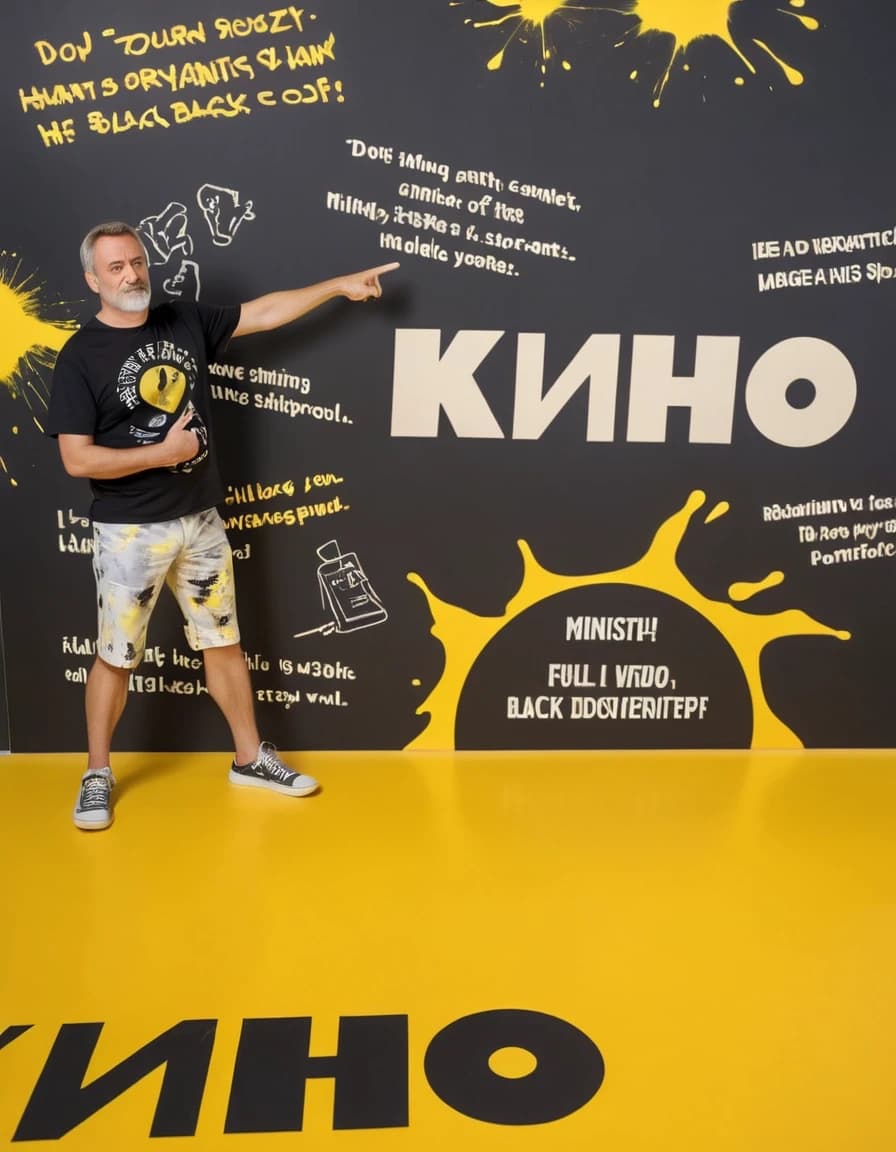 Фотореалистичный портрет мужчины средних лет, стоящего в полный рост на фоне масштабного рекламного стенда. Мужчина одет в черную футболку с графическим принтом и светлые шорты, он стоит в непринужденной позе, указывая указательным пальзом правой руки на надпись на стене. Фон представляет собой массивную черную панель, украшенную динамичными желтыми кляксами краски и крупными белыми надписями на кириллице, включая слово «КИНО», а также цитатами и информацией о концерте. Окружение выглядит как интерьер современного концертного зала или промо-зоны. Освещение яркое, равномерное и студийное, что создает четкие детали и отсутствие глубоких теней. Цветовая палитра строго ограничена контрастным сочетанием глубокого черного, насыщенного солнечного желтого и чистого белого цветов. Стиль изображения — современная репортажная фотография с высокой детализацией текстур ткани и поверхности стенда, передающая энергичную, драйвовую и предконцертную атмосферу.