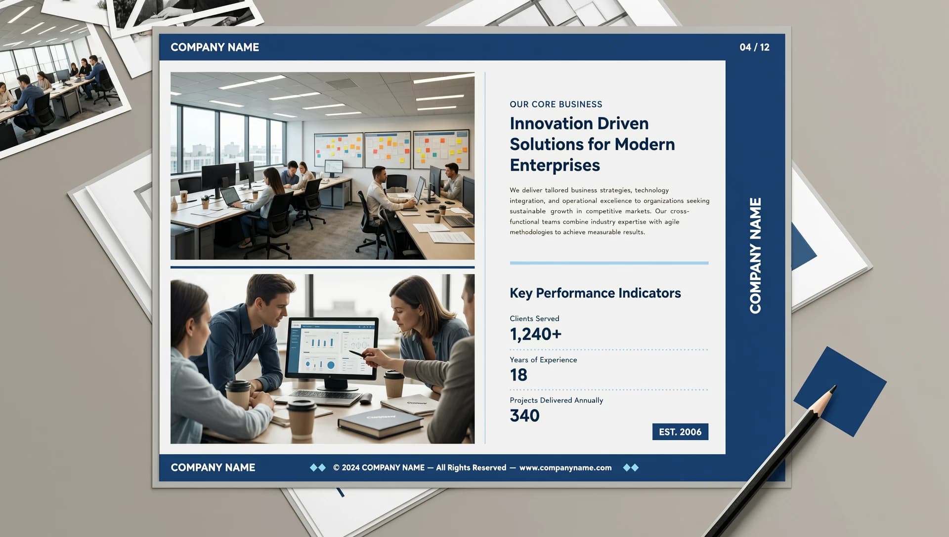 Design a page for a corporate album about the company. Format: horizontal A4. Corporate colors: blue and white. The page should feature several photographs occupying most of the space, with 1-2 small text blocks.