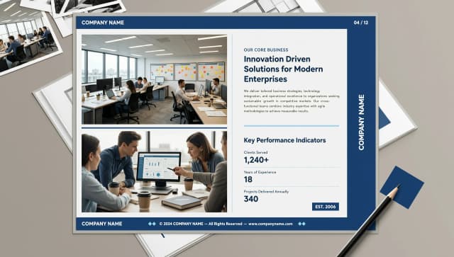 Design a page for a corporate album about the company. Format: horizontal A4. Corporate colors: blue and white. The page should feature several photographs occupying most of the space, with 1-2 small text blocks.