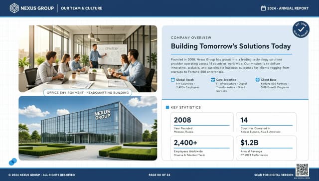 Design a page for a corporate album about the company. Format: horizontal A4. Corporate colors: blue and white. The page should feature several photographs occupying most of the space, with 1-2 small text blocks.
