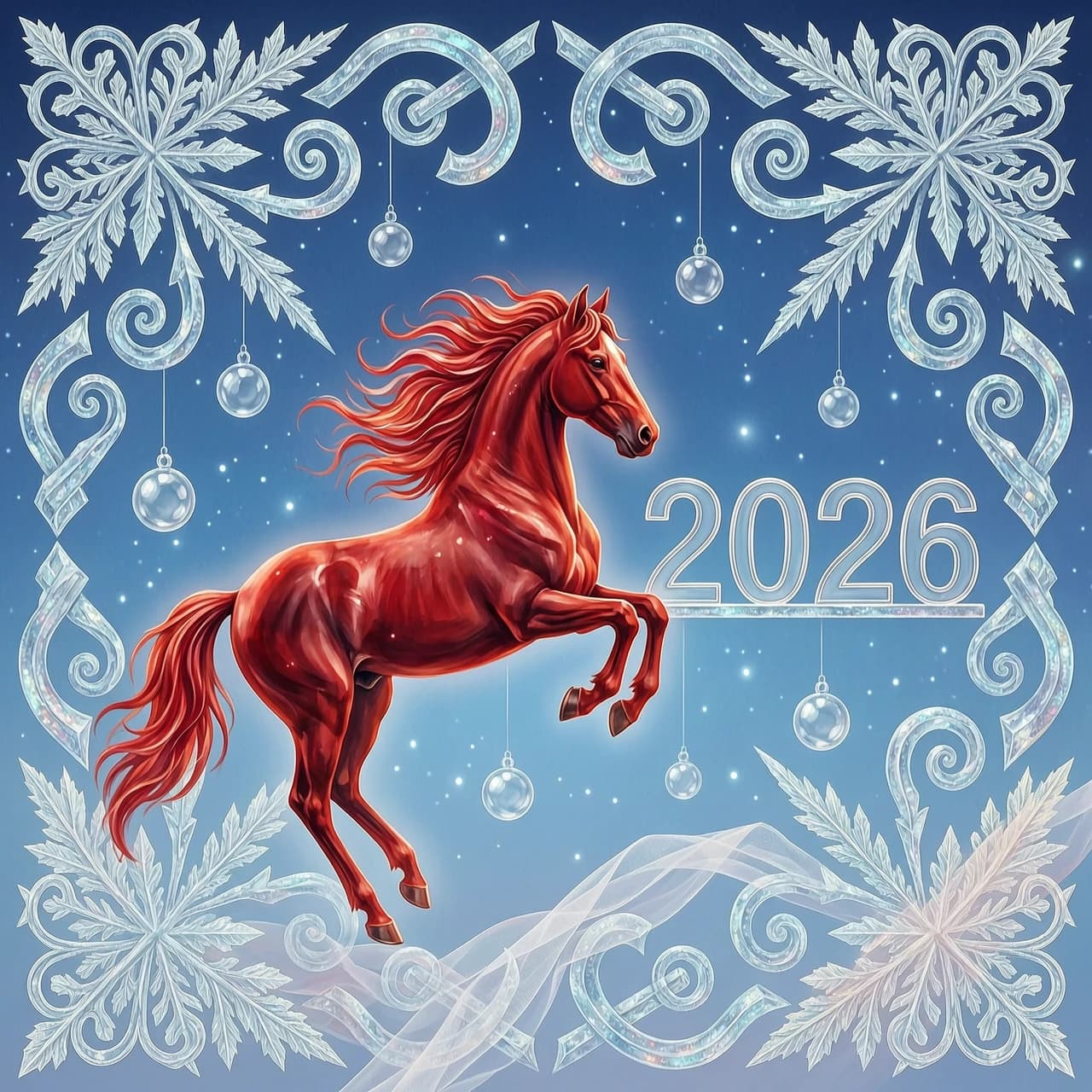 In the double exposure style. An ephemeral mythical creature in the form of a beautiful scarlet fiery horse with a long wavy mane collects the word "2026" from glass letters. In a jump. Background: bright blue night sky with grandiose continuous ornamental frosty patterns, zigzags, spirals of frost. Needles, transparent glass balls, silk, tulle. 
In the "Glitter" style: magical realism, natural symphony, shapes dissolve into color, lines flow like water, translucent layers with a watercolor texture, intricate ornaments at the corners of the composition.
Iridescence, lace, entourage, fantastic plot, New Year's tale, magic, whimsicality, originality. High detail, cinematic lighting, solemn festive atmosphere, realistic.