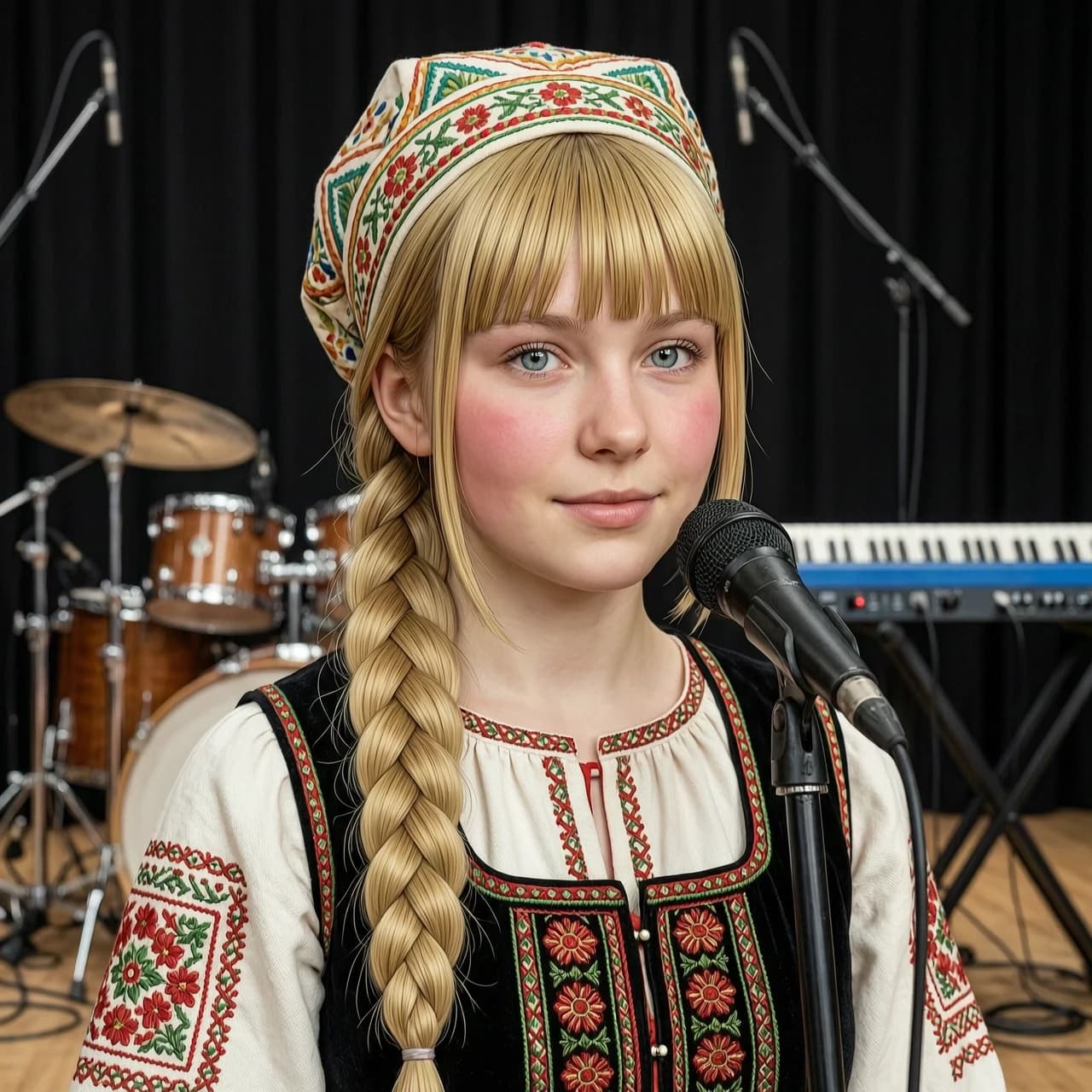Портрет 17-летней русской красавицы Алёнки в стиле гиперреализма с элементами классической живописи маслом. У неё длинная, одна толстая коса соломенного цвета, перекинутая через плечо, и аккуратная прямая чёлка, обрамляющая лицо, по бокам на щёки спадают тонкие короткие прядки волос в стиле анимэ. Кожа нежная, с легким румянцем, глаза светлые и выразительные. Она одета в традиционный славянский сарафан с тонкой вышивкой. Композиция — крупный план (close-up), направленный на лицо и текстуру косы. Она стоит на сцене перед микрофоном, сзади барабанная установка и синтезатор. Высокая детализация текстуры волос, ткани и кожи, 8k, кинематографический эффект. На голове расписной кокошник, а не платок!