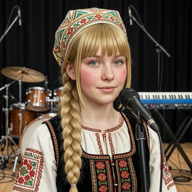 Портрет 17-летней русской красавицы Алёнки в стиле гиперреализма с элементами классической живописи маслом. У неё длинная, одна толстая коса соломенного цвета, перекинутая через плечо, и аккуратная прямая чёлка, обрамляющая лицо, по бокам на щёки спадают тонкие короткие прядки волос в стиле анимэ. Кожа нежная, с легким румянцем, глаза светлые и выразительные. Она одета в традиционный славянский сарафан с тонкой вышивкой. Композиция — крупный план (close-up), направленный на лицо и текстуру косы. Она стоит на сцене перед микрофоном, сзади барабанная установка и синтезатор. Высокая детализация текстуры волос, ткани и кожи, 8k, кинематографический эффект. На голове расписной кокошник, а не платок!