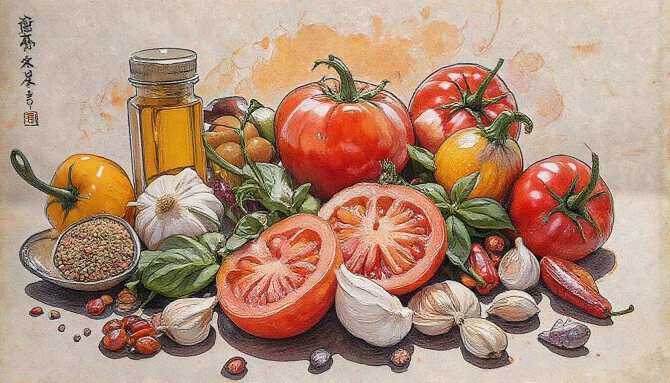 Фронтальный вид  с боку. Старая бумага.  Tomatos, basilik, чили перец, чеснок, пряности, специи.
