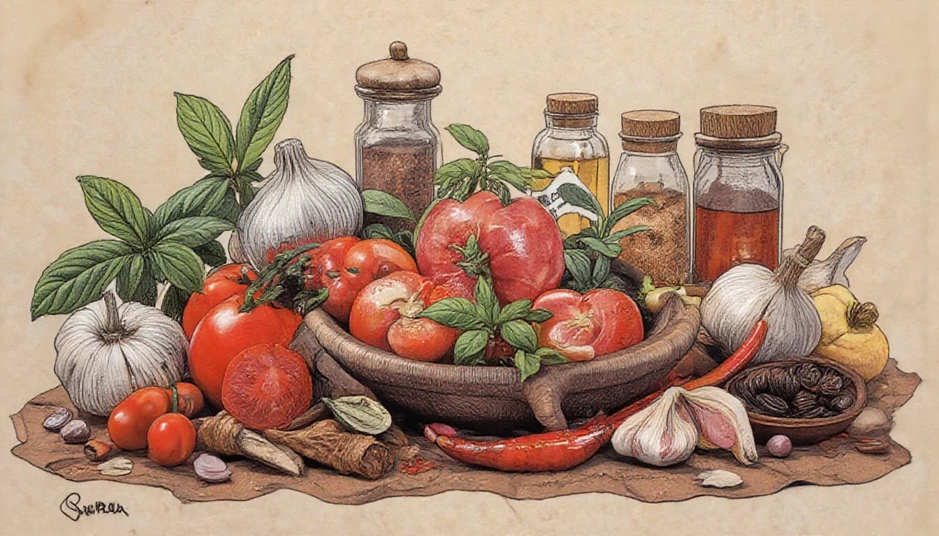 Фронтальный вид  с боку. Старая бумага.  Tomatos, basilik, чили перец, чеснок, пряности, специи.