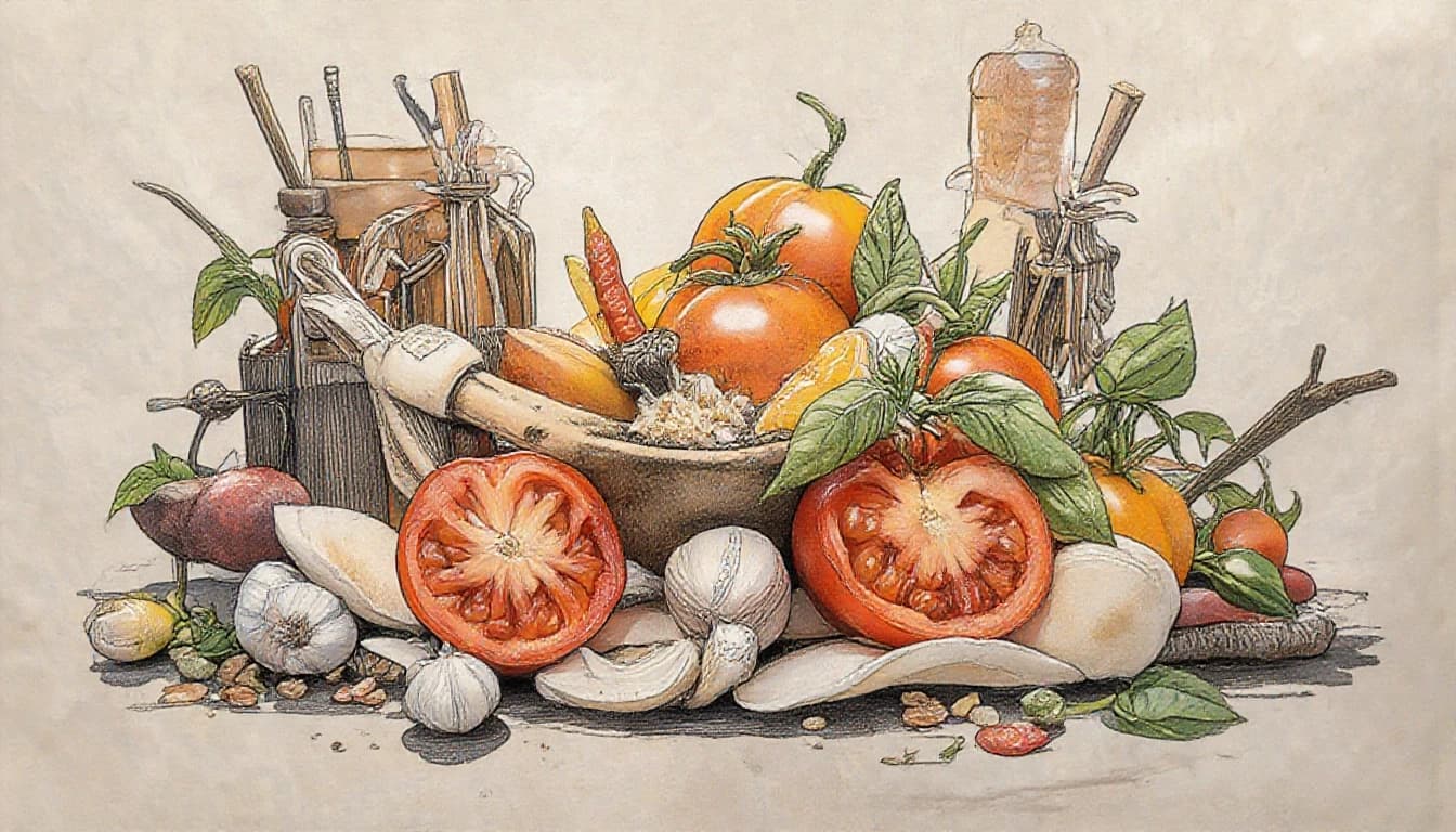 Фронтальный вид  с боку. Старая бумага.  Tomatos, basilik, чили перец, чеснок, пряности, специи.
