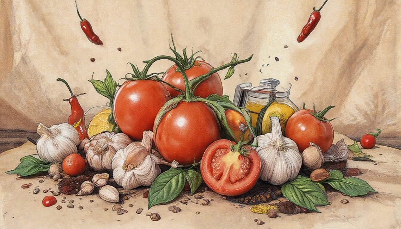 Фронтальный вид  с боку. Старая бумага.  Tomatos, basilik, чили перец, чеснок, пряности, специи.