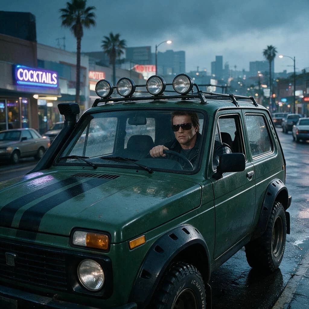 Terminator is driving a Niva with a rally body kit with a face from a reference photo, humid atmosphere, cinematic composition, photorealistic, close up view, movie still style, Los Angeles 1980, epic wide shot,ultra detailed,realistic,