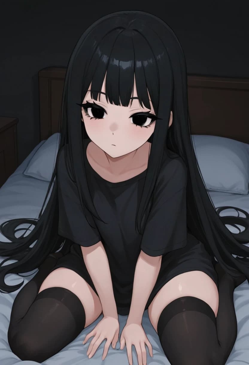 милая anime азиатка с большими черными милыми глупыми глазами черными длинными волосами с челкой и черными ресницами. темная комната и кровать. длинная черная однотонная футболка. черные чулки. худенькая низкорослая с плоскоц фигурой