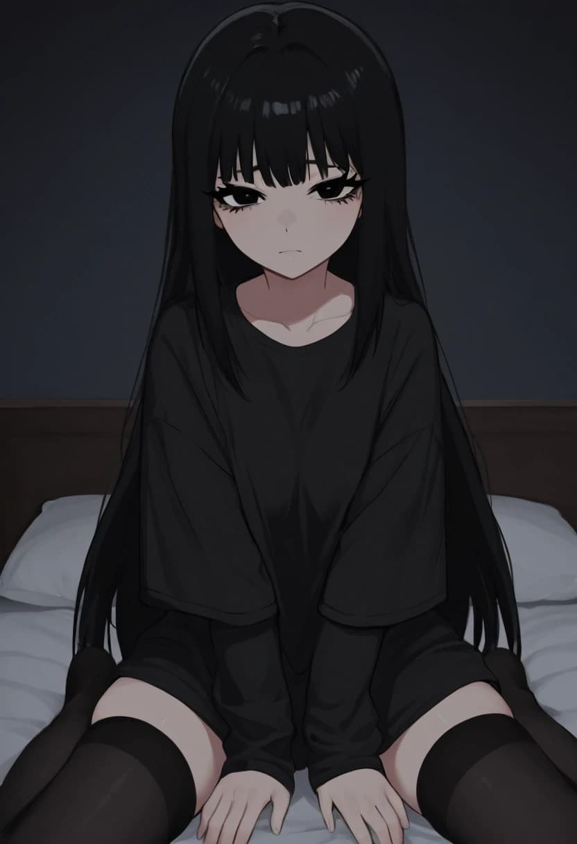 милая anime азиатка с большими черными милыми глупыми глазами черными длинными волосами с челкой и черными ресницами. темная комната и кровать. длинная черная однотонная футболка. черные чулки. худенькая низкорослая с плоскоц фигурой