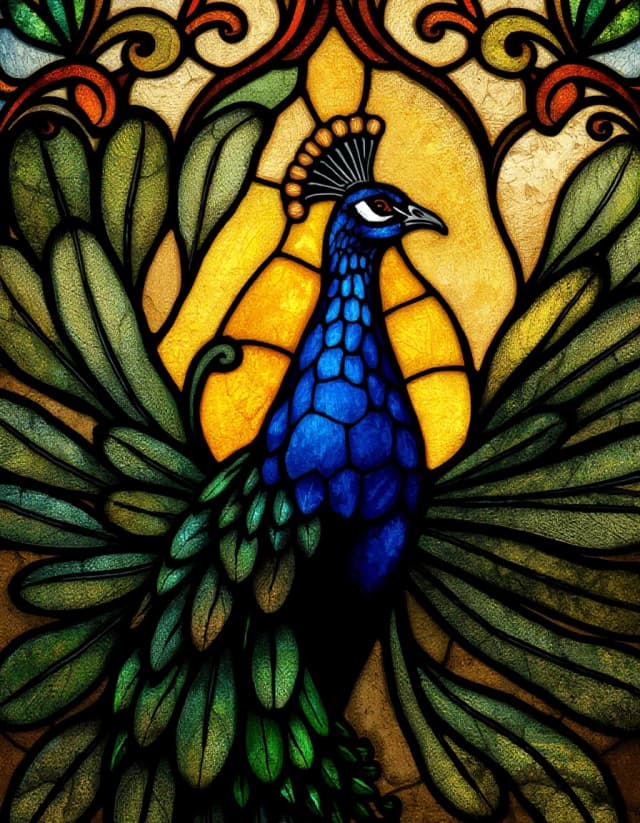 A masterpiece. Create an image. The style is oil painting. ((How an artificial intelligence would depict an Art Nouveau stained glass window with smooth, ornate lines. Stylized peacock with an open tail:1.6)). High resolution. High detail and clear texture of the bright stained glass window. Intense close-up. High quality. Increased attention to small details. The aspect ratio is 3:4. The artist is Alphonse Mucha.
