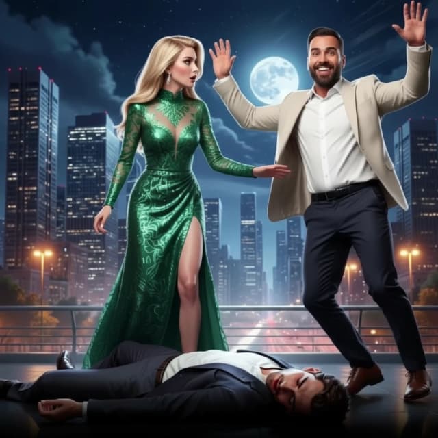 Motion capture. The guy in the light-colored suit is sliding backward due to a light push from the girl in the shiny green dress. He slipped on the slippery floor. His arms are spread wide and raised upward; his expression is slightly surprised, but he has a broad smile. The man’s body is slightly lifted off the ground, his legs are slightly spread apart, and his body gradually assumes a horizontal position. The man’s body is flying toward the railing.