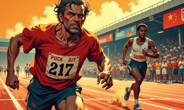 A masterpiece,  in the style of the 1980s, with bold lines, dynamic strokes and rich textures, on background with a touch of nostalgia, perhaps with subtle drawings inspired by cellulose and vintage, worn textures similar to paper,oil painting, A wide cinematic vintage poster with illustrations for a Soviet-era film depicting an emaciated middle-aged marathon runner in the foreground, wearing a faded red T-shirt with the number 217 on the bib. His face is covered with sweat, his mouth is compressed, his gaze is directed forward, his muscles are tense, his veins are visible; a little behind and to the right is a thin dark-skinned athlete in a white T-shirt with the inscription "GUINEE", the 309 bib is approaching him, dynamic competitive poses convey effort and struggle. A crowded stadium full of cheering spectators, banners and scoreboards, the warm golden light of late evening, flickering from heat and dust motes, splashes of sweat and dirt stains, spectacular lighting of the sides and strong directional shadows. Hand-painted in the style of animated realism with a rich warm palette (reds, oranges, ocher tones), textured brushstroke, fine film grain and vignettes, light motion blur to add speed. high contrast, cinematically wide aspect ratio, energetic composition, nostalgic and heroic mood, space at the bottom for the credits. celshading, simple background