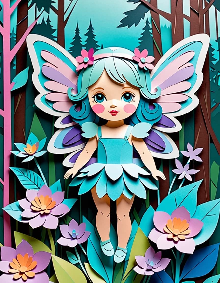 A masterpiece.  Image. Three-dimensional multi-layered paper cutout depicting a baby doll-style fairy on a flower with clear facial features and expressive eyes against a forest background, multi-layered paper work, a bright palette of lilac, pink, turquoise and shades of blue, high detail, clear edges, clear paper textures, soft shadows between layers, three-dimensional composition, 3D depth, studio lighting, author's style, 8k resolution. High detail and clear texture. High quality. Increased attention to small details. The artist is Russ Mills.