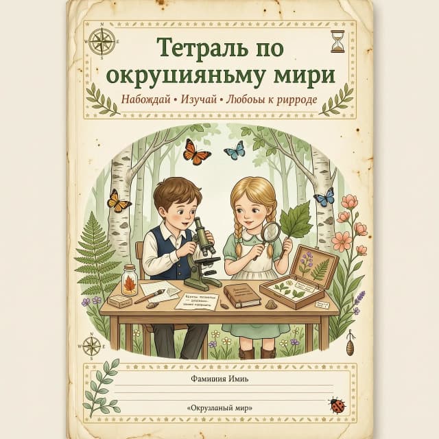 Картинка в винтажном стиле в пастельных тонах . Вокруг изображение красивой природы.
 Вверху картинки надпись красивым шрифтом без ошибок
Тетрадь 
по окружающему миру .
В центре картинки мальчик с микроскопом и девочка с гербарием и лупой сидят за партой.
Внизу картинки пустая рамка, в которой линии для подписи.