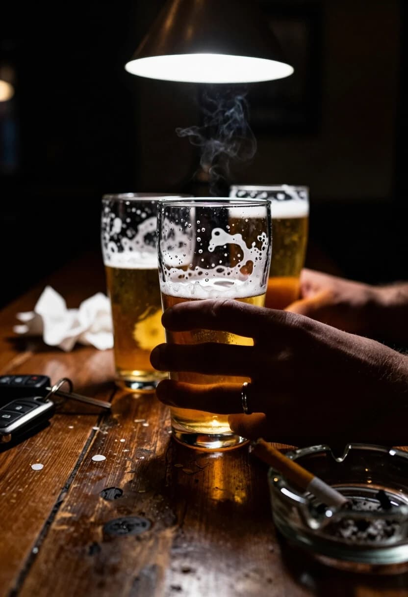 Prompt:
A hyper-realistic, melancholic cinematic still, 8k RAW. An extreme close-up, low-angle shot of a weathered, dark oak bar table. Two half-empty beer glasses stand in the center, the golden liquid reduced to a thin layer at the bottom, topped with a fading, irregular lace of white foam (beer lace) clinging to the glass walls. A hand with visible skin texture and a silver ring is captured in a subtle motion, slowly rotating one of the glasses, creating a gentle swirl in the remaining liquid. Around the glasses, the scene is cluttered with the aftermath of a long night: crumpled white napkins, a set of car keys, and a heavy glass ashtray with a single smoldering cigarette. Lighting: moody, low-key atmosphere with a single warm pendant lamp casting a cone of light, creating deep, velvety shadows and a sharp, brilliant highlight on the condensation and the rim of the glass. Shot on Canon EOS R5, 50mm f/1.2 lens, shallow depth of field, extreme focus on the tactile details—the grain of the wood, the bubbles in the foam, and the atmospheric haze of a closing bar. High emotional weight, evocative of longing and quiet reflection.