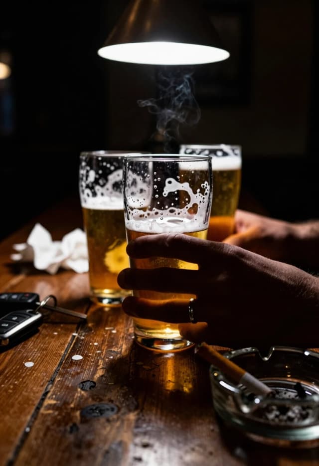 Prompt:
A hyper-realistic, melancholic cinematic still, 8k RAW. An extreme close-up, low-angle shot of a weathered, dark oak bar table. Two half-empty beer glasses stand in the center, the golden liquid reduced to a thin layer at the bottom, topped with a fading, irregular lace of white foam (beer lace) clinging to the glass walls. A hand with visible skin texture and a silver ring is captured in a subtle motion, slowly rotating one of the glasses, creating a gentle swirl in the remaining liquid. Around the glasses, the scene is cluttered with the aftermath of a long night: crumpled white napkins, a set of car keys, and a heavy glass ashtray with a single smoldering cigarette. Lighting: moody, low-key atmosphere with a single warm pendant lamp casting a cone of light, creating deep, velvety shadows and a sharp, brilliant highlight on the condensation and the rim of the glass. Shot on Canon EOS R5, 50mm f/1.2 lens, shallow depth of field, extreme focus on the tactile details—the grain of the wood, the bubbles in the foam, and the atmospheric haze of a closing bar. High emotional weight, evocative of longing and quiet reflection.