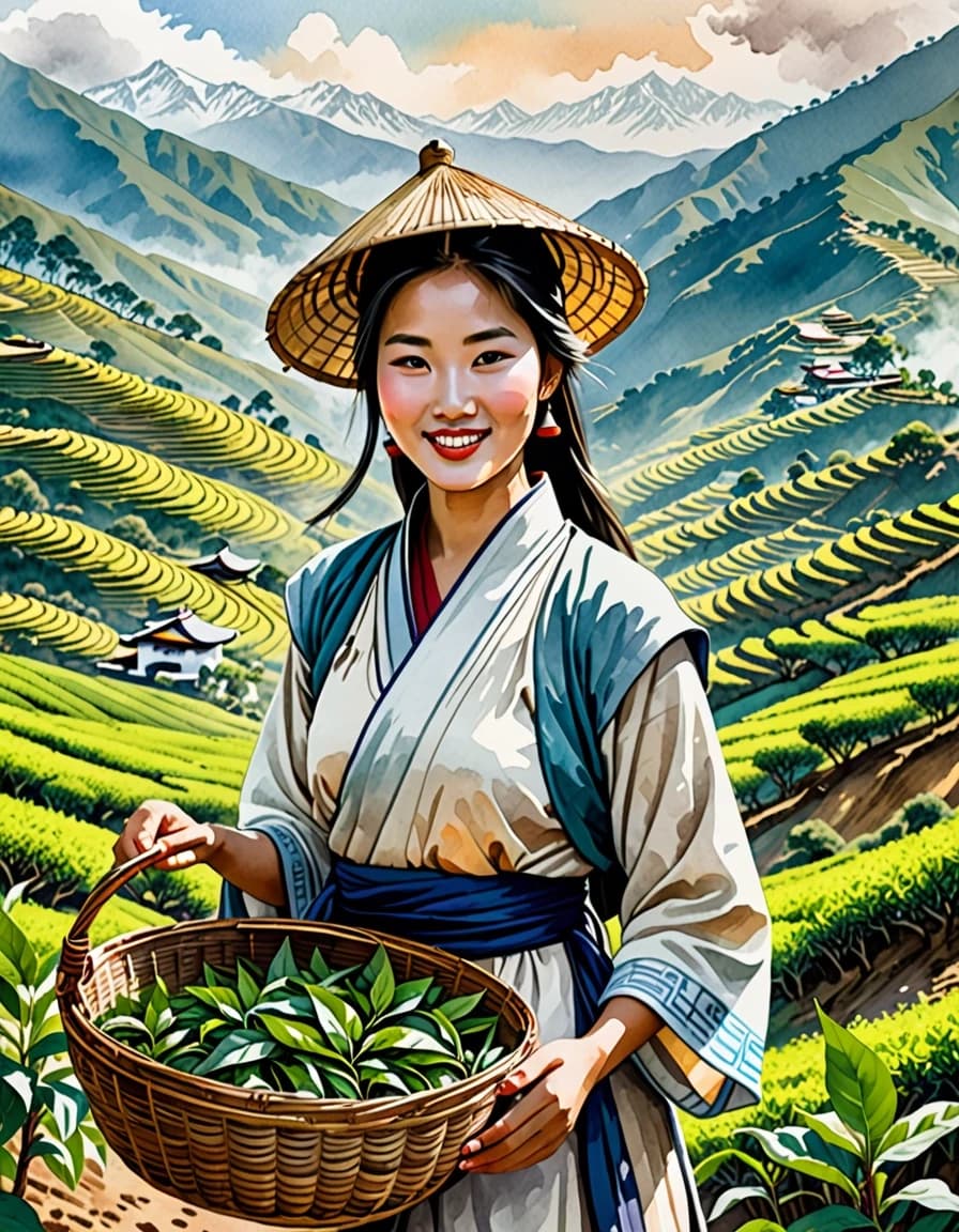 A masterpiece. Create an image. The style is watercolor painting. ((Tea plantations in the morning haze in the mountainous landscapes of Tibet. A beautiful young smiling Chinese woman with a basket on her shoulders, expressive eyes, clear facial features, pure white skin, collects a tea leaf and hands it to:1.6)). High resolution, high detail and clear texture. Close-up. High quality. Increased attention to small details. The aspect ratio is 3:4. The artist is Levitan.and Bitcoin