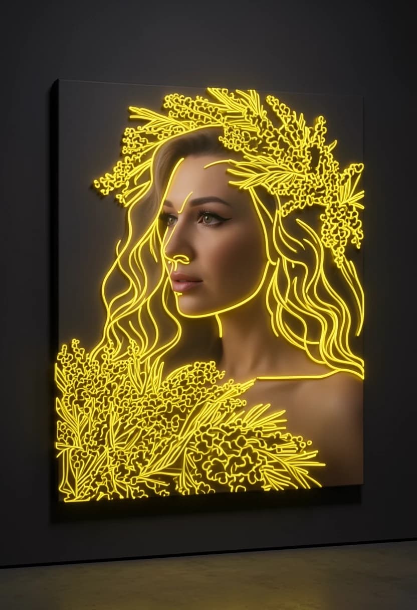 A premium designer neon art installation based on the main subject reference photo. The exact high-quality realistic photographic portrait of the girl is perfectly preserved on a solid dark gallery canvas backing. Directly overlayed on top of the print, few solid continuous 8mm yellow LED neon lines run with absolute smoothness, tracing only the elegant outer contours of the mimosa flower wreath and bouquet. The design is completely simplified into long single-stroke light tracks with zero chaotic lines, zero small dots, and a completely clean untouched face skin. Perfect 3D volumetric yellow neon bloom casting realistic soft ambient light reflections onto the photographic canvas beneath. High-contrast fine art presentation on a refined dark charcoal wall in a luxury gallery setting, professional studio lighting, 8k resolution, no text.