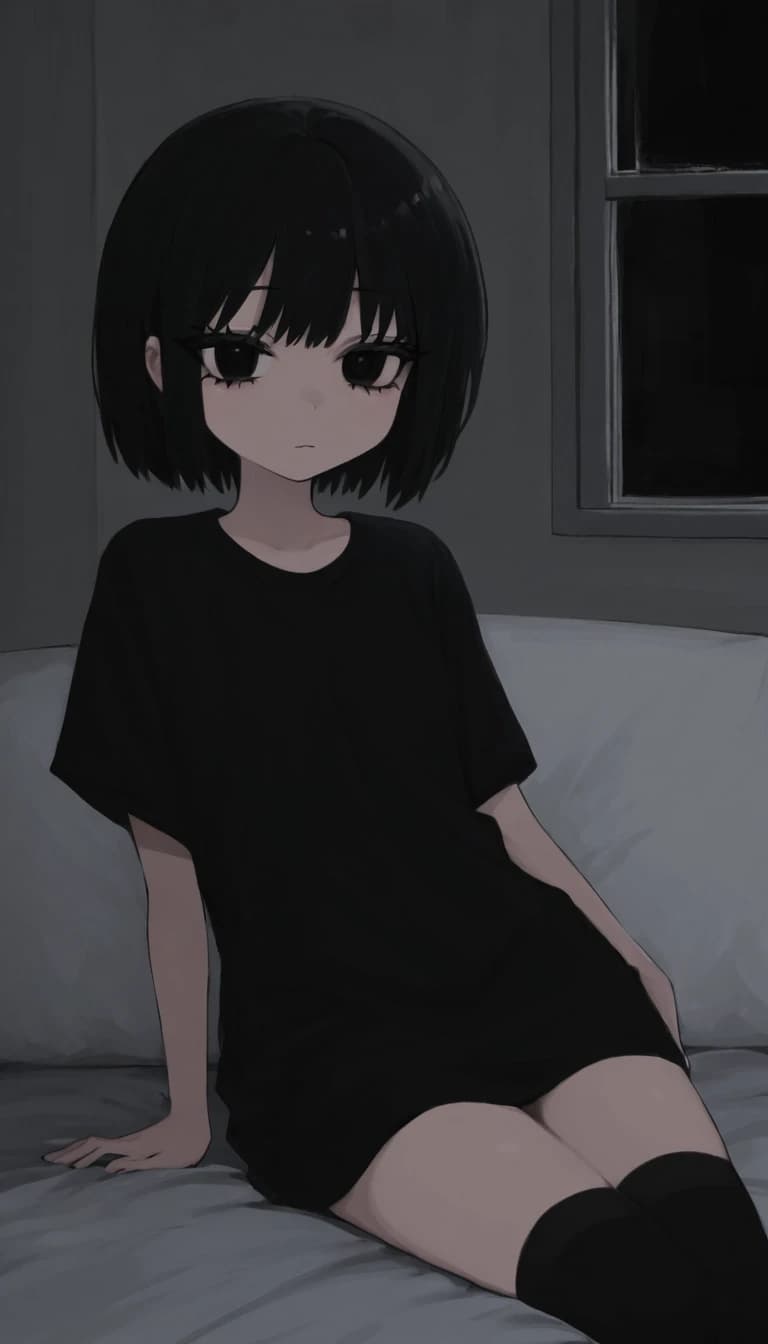 темная комната с окном. милая anime moe девушка. черные волосы. черные глаза. черные ресницы. черная длинная футболка черные чулки носки