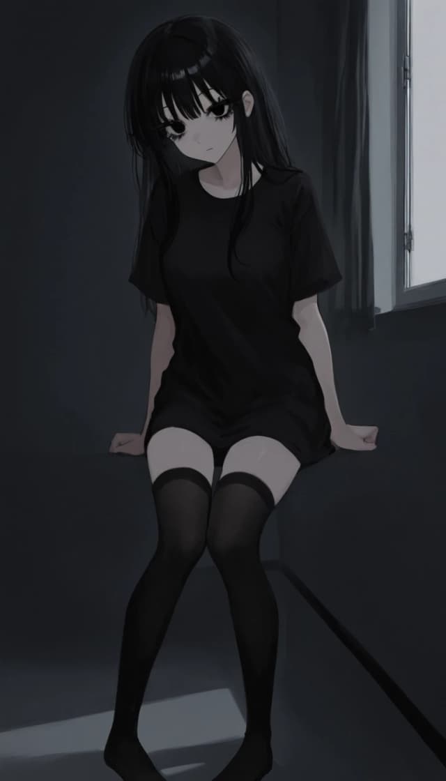 темная комната с окном. милая anime moe девушка. черные волосы. черные глаза. черные ресницы. черная длинная футболка черные чулки носки