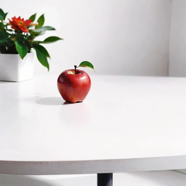 a red apple on a white table