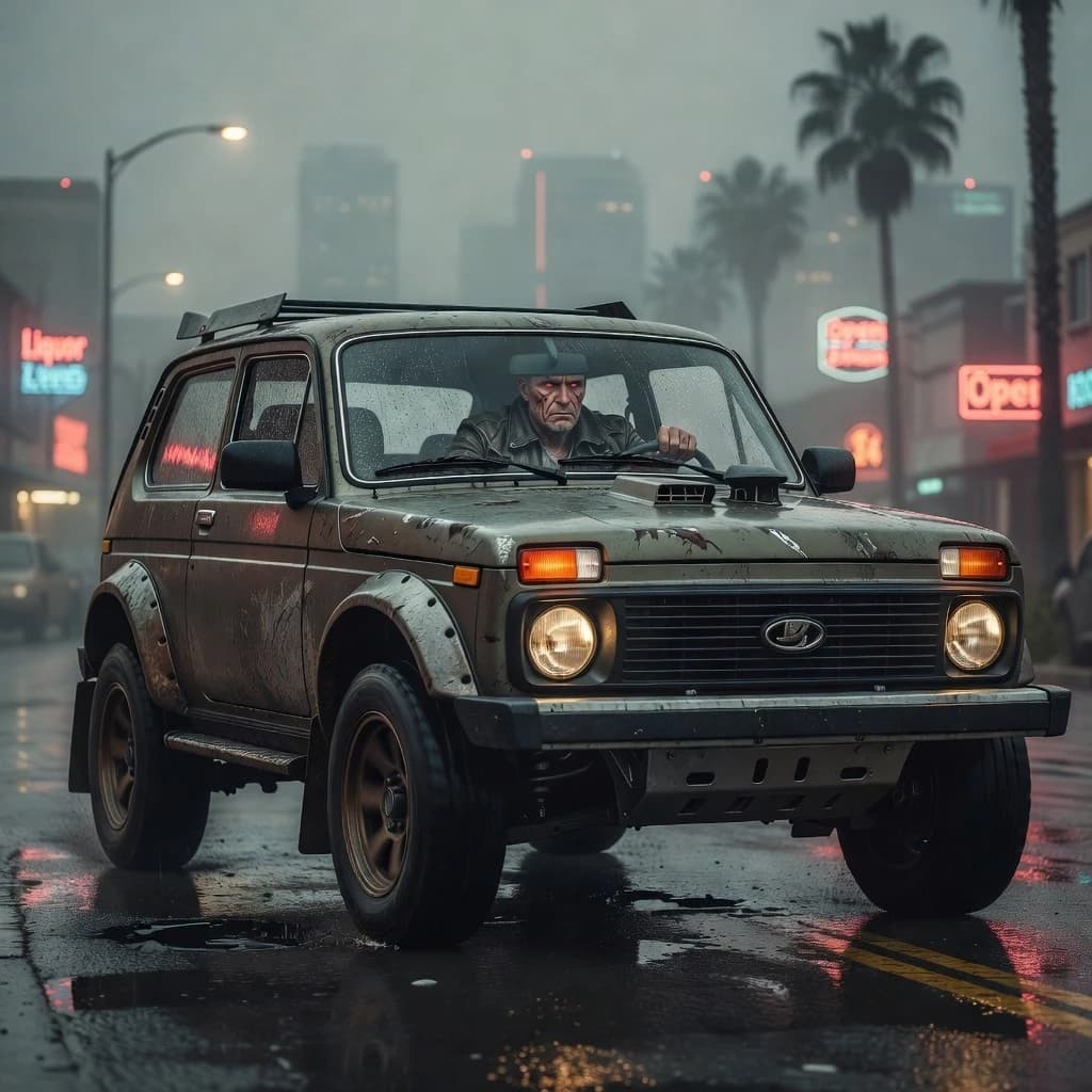 Terminator is driving a Niva with a rally body kit , humid atmosphere, cinematic composition, photorealistic,close up view, movie still style, Los Angeles 1980, epic wide shot,ultra detailed,realistic,
