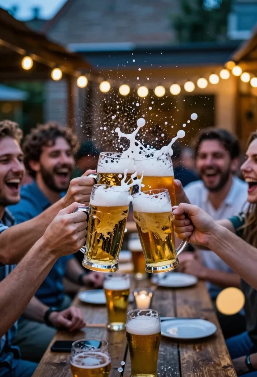 Prompt:
A dynamic, high-speed realistic wide-angle shot, 8k RAW. The centerpiece is a violent and joyful collision of four different beer glasses—heavy mugs and elegant tulips—clashing in a celebratory toast. Captured in a split-second freeze-frame: droplets of golden beer and clouds of white foam are exploding outwards from the impact point, suspended in mid-air like liquid diamonds. In the background, a blur of diverse friends' faces, caught in genuine, loud laughter and wide-open mouths, their expressions unfiltered and happy. Setting: a rustic outdoor beer garden at dusk, with string lights creating a soft, bokeh golden glow. Lighting: a mix of cool blue twilight and the warm, amber radiance of festoon lights, emphasizing the translucency of the beer. Shot on Nikon Z9, 35mm lens, 1/8000 sec shutter speed to freeze the motion, deep depth of field, capturing the chaotic energy, the spray of liquid, and the raw emotion of friendship.
