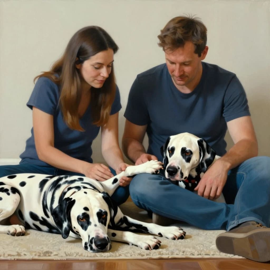 Realistic painting of a family couple saying goodbye to a Dalmatian dog. The woman and man are sitting on the floor. The dog is lying on a rug. The dog's head is on the man's lap. The woman is holding the dog's front paws with her hands.