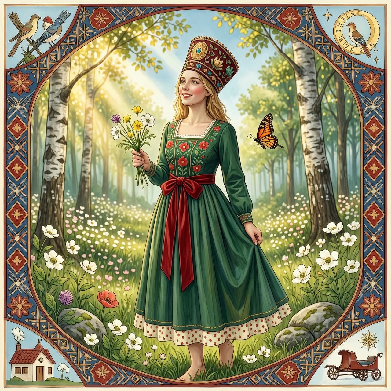 Russian Russians: A detailed portrait of a young woman of Slavic appearance from the 16th century in a traditional long Russian sundress and a traditional Russian cocoanut headdress, with blonde hair against the background of a spring blooming forest, in full growth. In the Glitter style: magical realism, natural symphony, shapes dissolve into color, lines flow like water, translucent layers with a watercolor texture, intricate ornaments at the corners of the composition.
High quality, 4k, octane, cinematic lighting, dramatic composition, eyes with increased detail, delicate skin texture, professional photography, depth of field, Leica camera, artstation trends, spectacular lighting, mystical atmosphere, detailed textures, volumetric lighting, works by Viktor Vasnetsov and Ivan Bilibin, gouache painting style, style Russian fairy tales, photorealism. An atmosphere of joy and serenity.