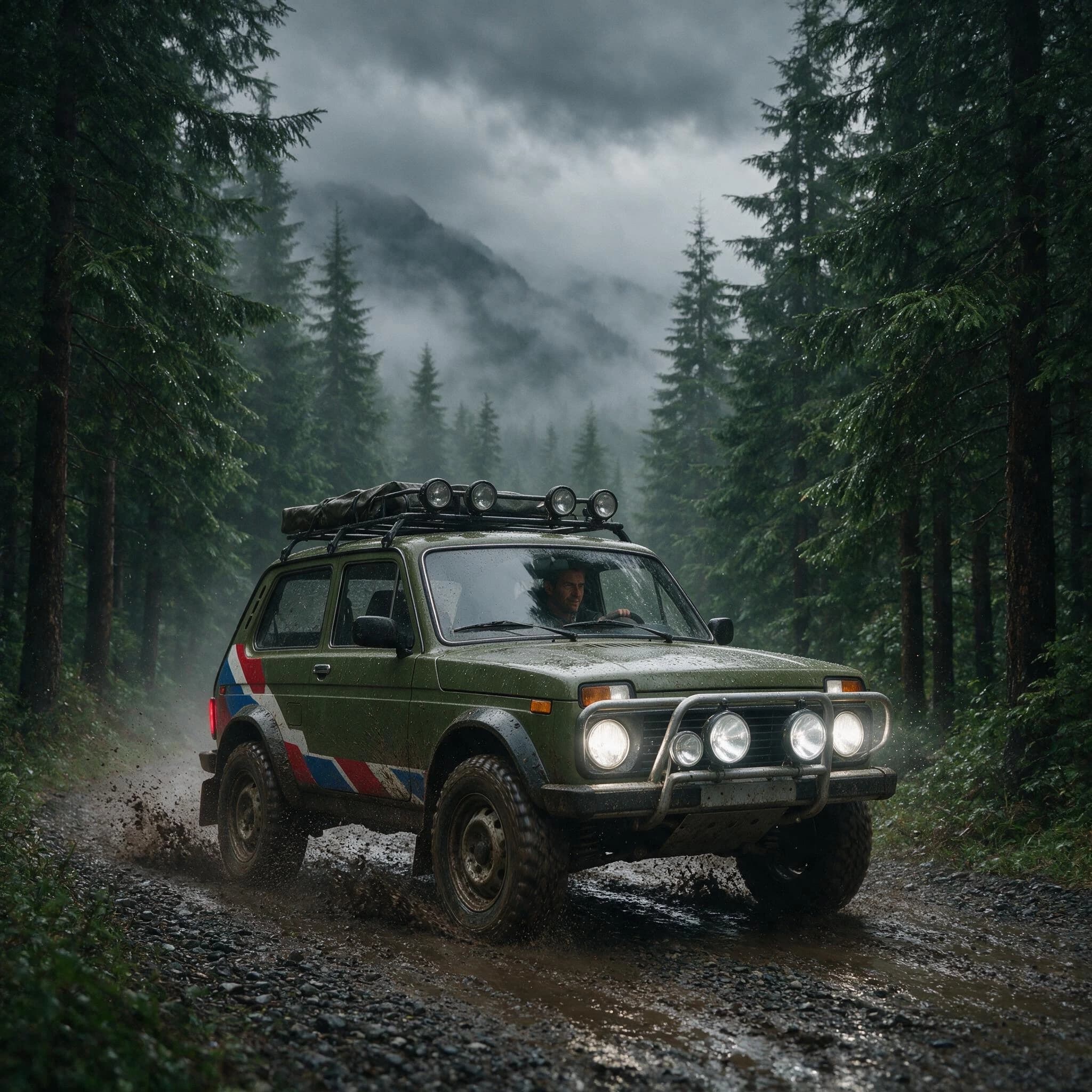 Manis driving a Niva with a rally body kit with a face from a reference photo,confident look, humid atmosphere, cinematic composition, photorealistic, close up view, movie still style, epic wide shot,ultra detailed,realistic,