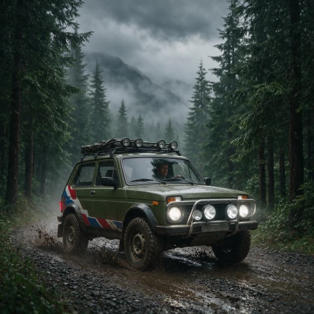 Manis driving a Niva with a rally body kit with a face from a reference photo,confident look, humid atmosphere, cinematic composition, photorealistic, close up view, movie still style, epic wide shot,ultra detailed,realistic,
