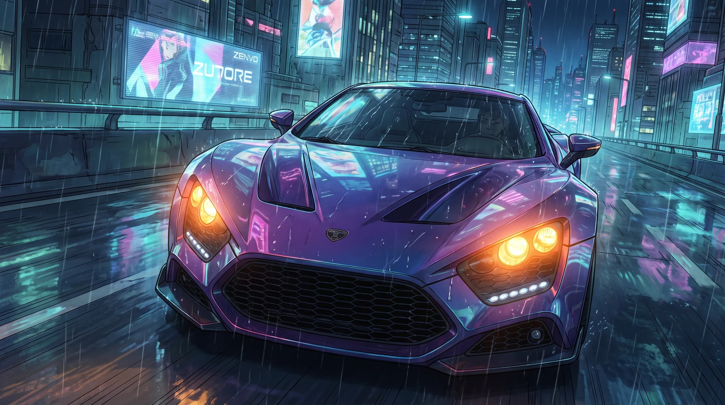 Zenvo Aurora, едет по дороге, эпичный ракурс, горящие фары, шедевр, крупный план, стиль аниме с реалистичными деталями, киберпанк,