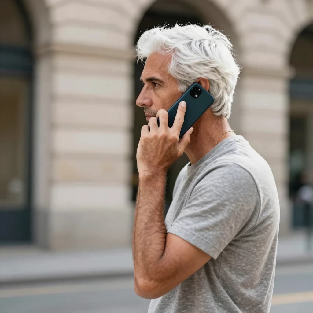 A guy with white hair is talking on a mobile phone, standing in profile