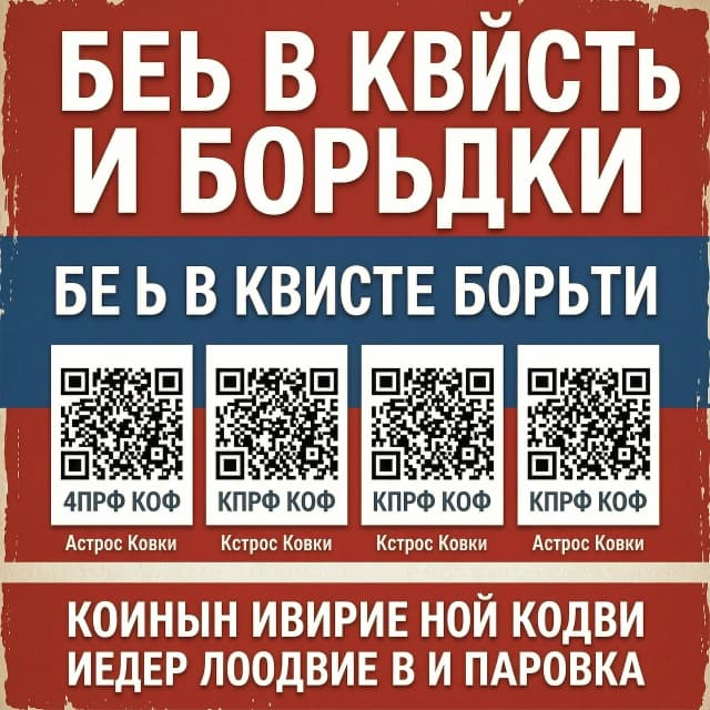 создать агитационный плакат на котором будет располагаться 4 qr кода для вступление в группы КПРФ  и главный лозунг будь в курсе борьбы