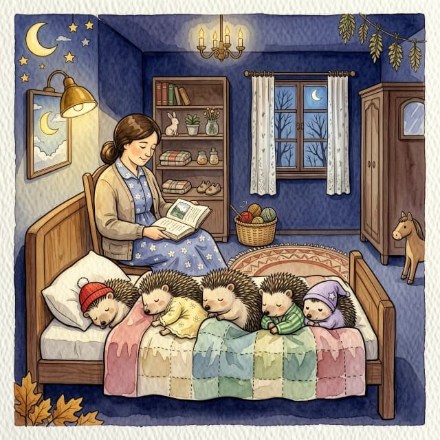 Иллюстрация к детской книге, техника многослойной акварели на фактурной бумаге яичная скорлупа. На переднем плане маленькие пять ежиков спят в кроватке. Рядом с кроватью сидит большая ежиха и читает книгу. Настроение волшебное, безмятежное и детское. Сказочный ночной покой, дух советских диафильмов, работы Виктора Чижикова, детальная проработка теней. 4K.