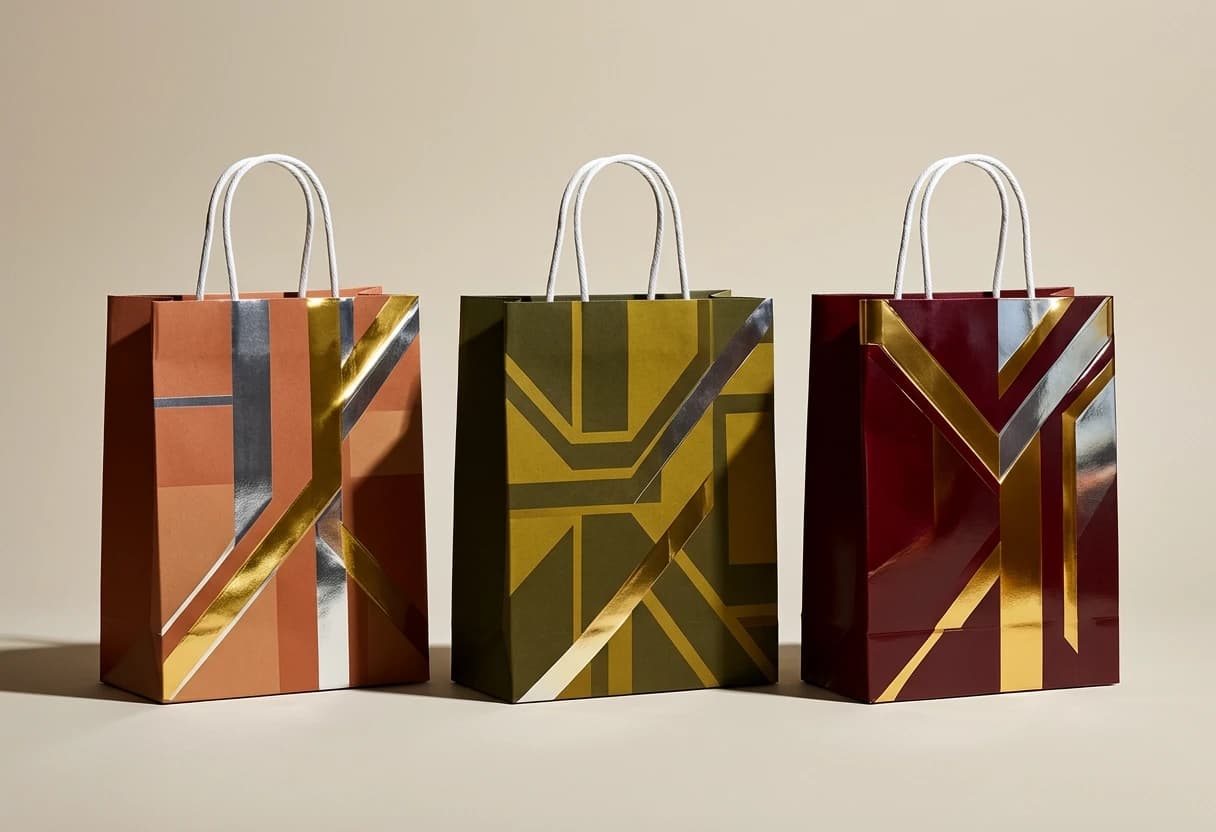 Three premium paper shopping bags standing side by side on a stark, matte light beige background with no gradient, white twisted rope handles, photorealistic product photography with harsh directional studio lighting, deep crisp shadows, and high contrast.

Left bag: muted clay terracotta and warm earth tones applied as sharp geometric blocks and angular diagonal stripes, overlaid with rigid metallic ribbons of liquid gold and liquid silver — but these are rendered as straight, hard-edged reflective inlays with glossy specular highlights and mirror-like reflections.

Center bag: burnt olive deep green and golden-olive tones, featuring a brutalist geometric composition of intersecting rectangles, zigzag lines, and faceted polygonal panels, with liquid gold and silver metallic accents shaped into precise angular strips.

Right bag: rich red mahogany and deep burgundy, with metallic gold and silver paint integrated as severe geometric chevrons, triangular inserts, and rectangular plates, all with a highly reflective, polished metal finish.

Overall arrangement: strictly symmetrical, equally spaced, with an uncompromising industrial elegance, emphasizing straight lines, sharp edges, and a rigid, sculptural presence.