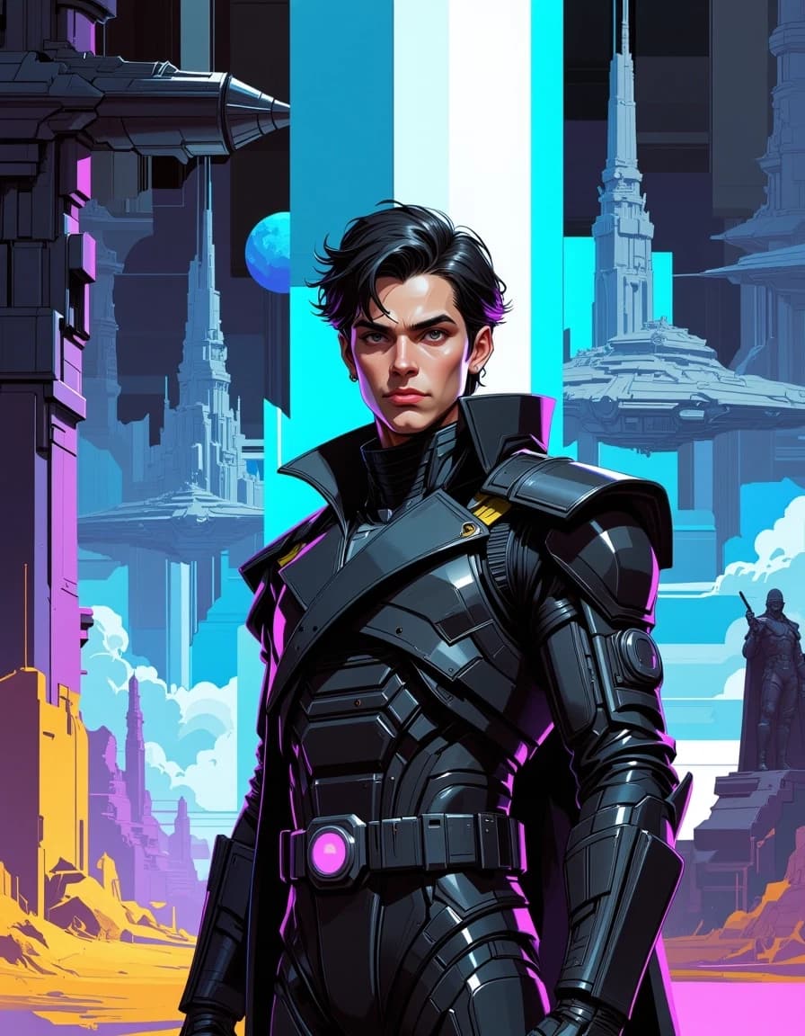A masterpiece,  in the style of the 1980s, with bold lines, dynamic strokes and rich textures, on background with a touch of nostalgia, perhaps with subtle drawings inspired by cellulose and vintage, worn textures similar to paper, oil painting, by Christopher Ruocchio, designed as a premium space opera science-fiction thriller cover. A young Imperial operative standing in the foreground of a vast futuristic alien world, wearing sleek dark advanced armor and a high-tech military coat, with a serious determined expression. Behind him, an enormous alien city rises beneath a dramatic alien sky, with massive starships hovering above, distant planets, glowing towers and a mysterious galactic empire atmosphere. Add subtle elements of espionage and intrigue: holographic displays, futuristic data screens and shadowy figures suggesting a dangerous covert mission. Realistic cinematic sci-fi photography, epic space opera atmosphere, deep black space, metallic silver, dark blue, violet and golden energy tones, dramatic volumetric lighting, ultra-detailed futuristic design, strong contrast, premium bestselling science-fiction novel cover aesthetic, celshading, simple background